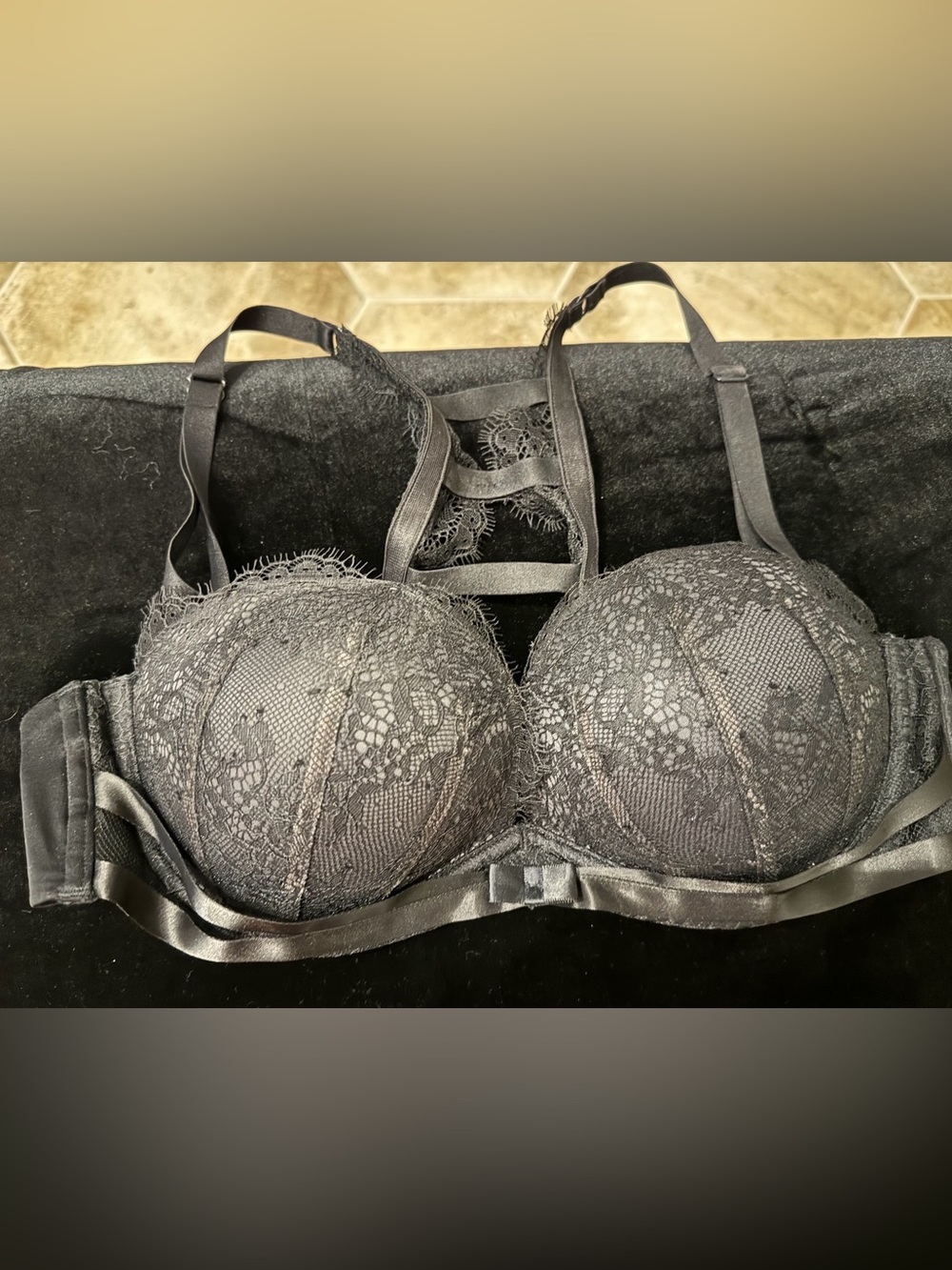 Victoria's Secret Black Lace Balcony Bra with Lace Detail & Convertible Straps